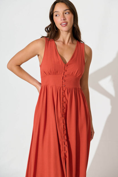 Ryland Midi Dress in Rust Linen Cotton