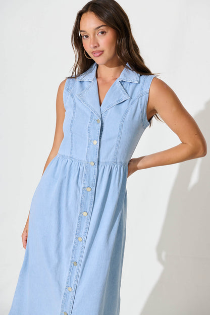 In Love Midi Shirt Dress in Light Blue Denim