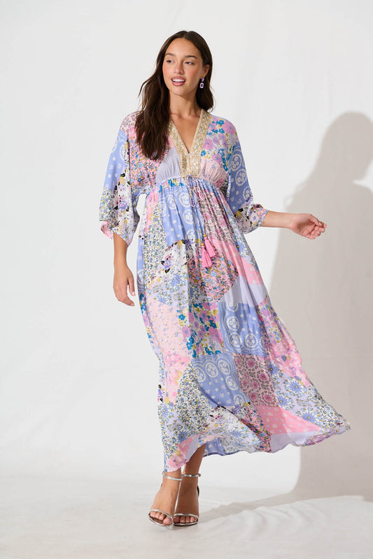 Janeve Maxi Dress in Pink with Blue Patchwork Print