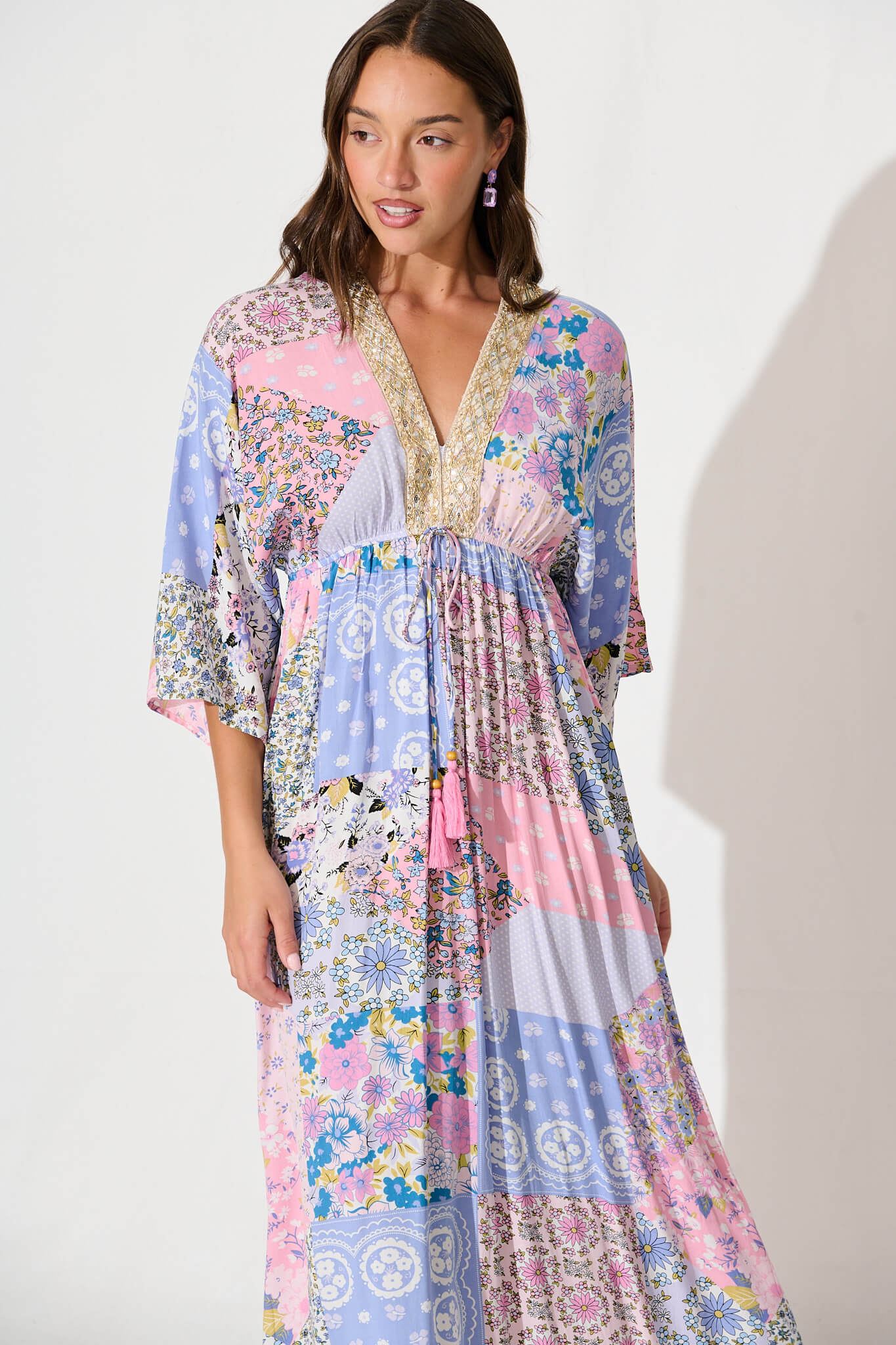 Janeve Maxi Dress in Pink with Blue Patchwork Print