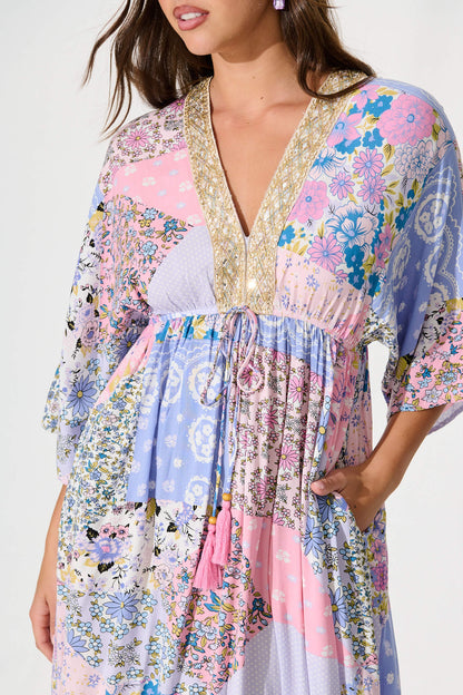 Janeve Maxi Dress in Pink with Blue Patchwork Print