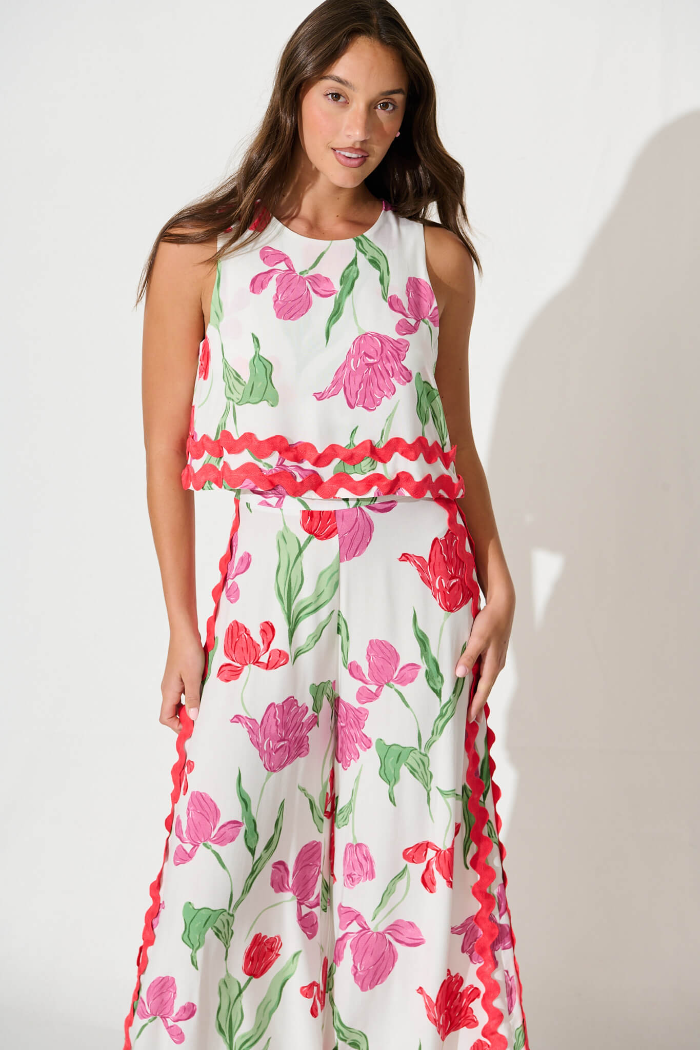 Sandbar Jumpsuit in White with Red and Purple Flower