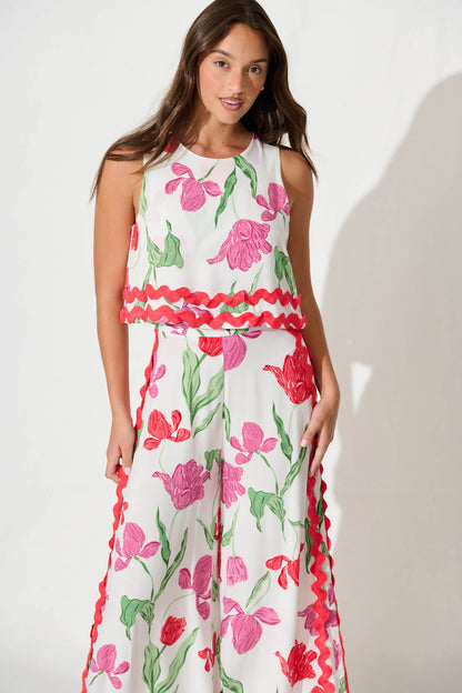 Sandbar Jumpsuit in White with Red and Purple Flower