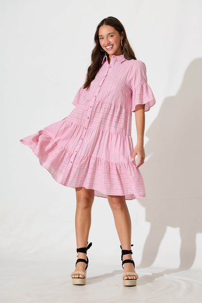 Glorianna Smock Dress In Red With White Stripe Cotton