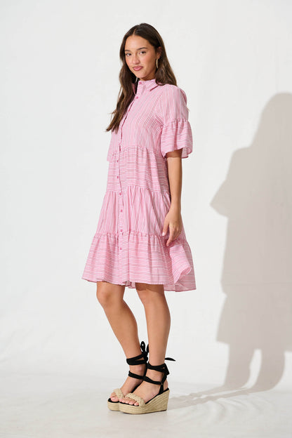 Glorianna Smock Dress In Red With White Stripe Cotton