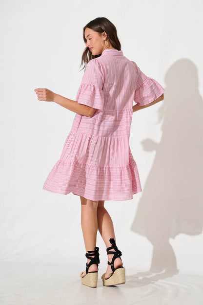 Glorianna Smock Dress In Red With White Stripe Cotton