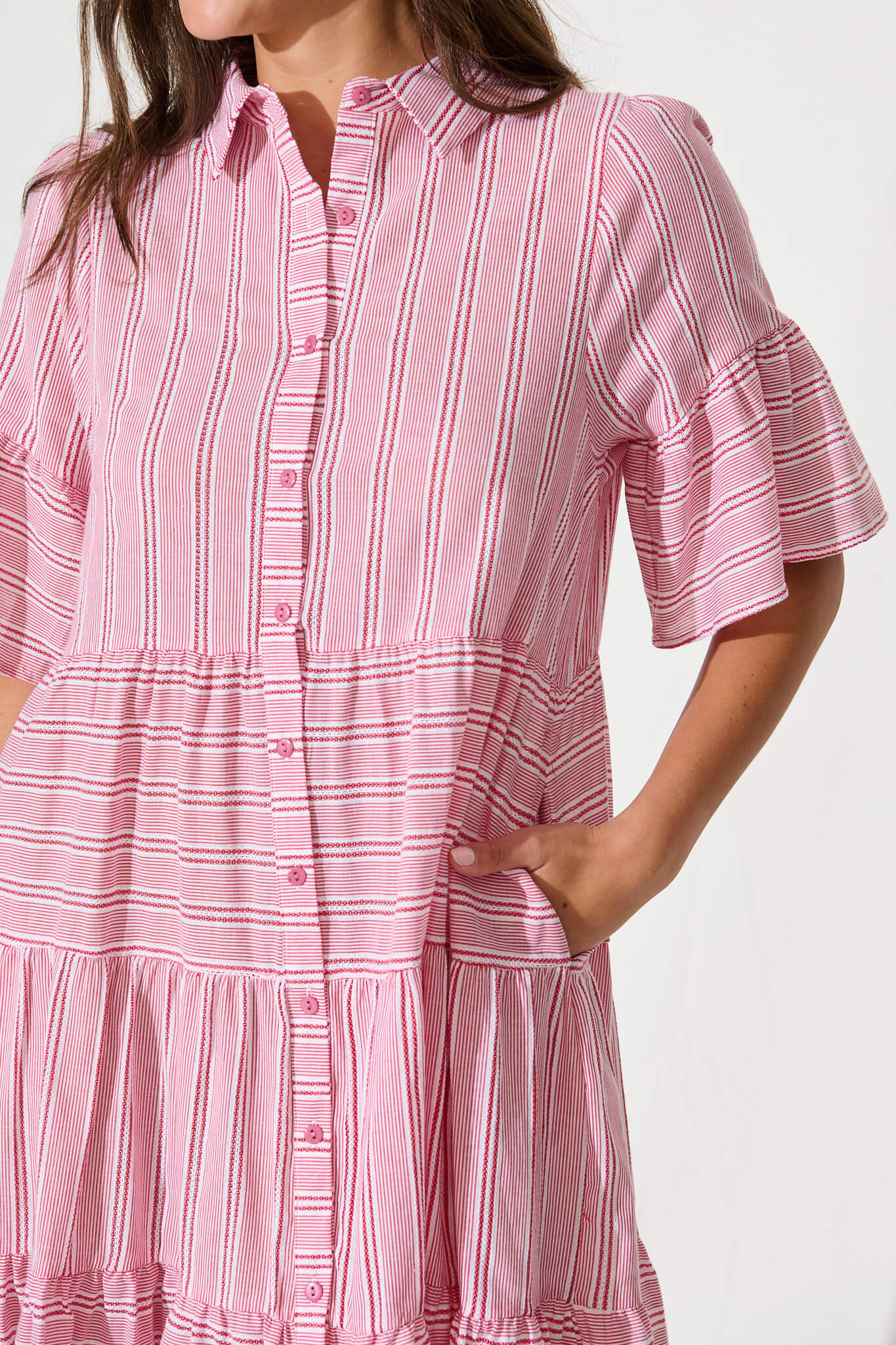 Glorianna Smock Dress In Red With White Stripe Cotton
