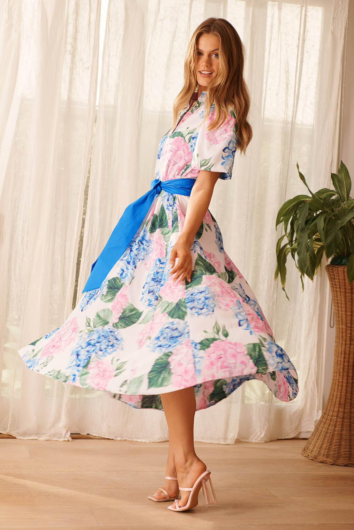 Marella Maxi Shirt Dress In Blue and Pink Floral Linen Blend