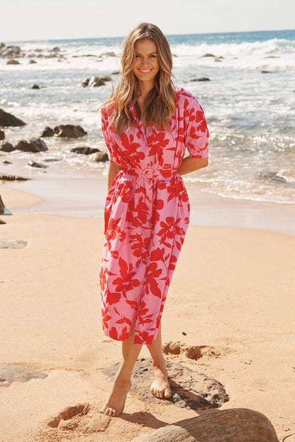 Scottdale Midi Shirt Dress in Pink with Red Floral Cotton