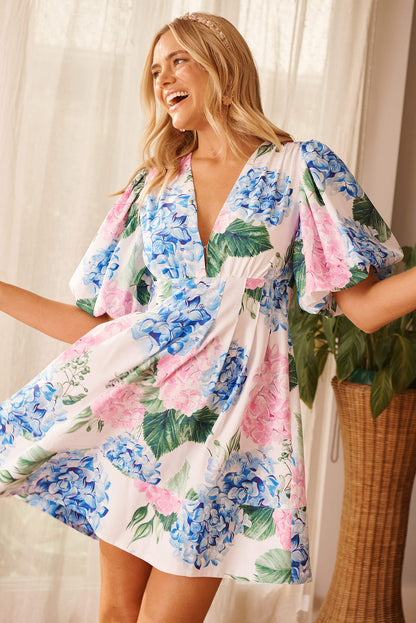 Daydream Dress In White With Pink And Blue Floral