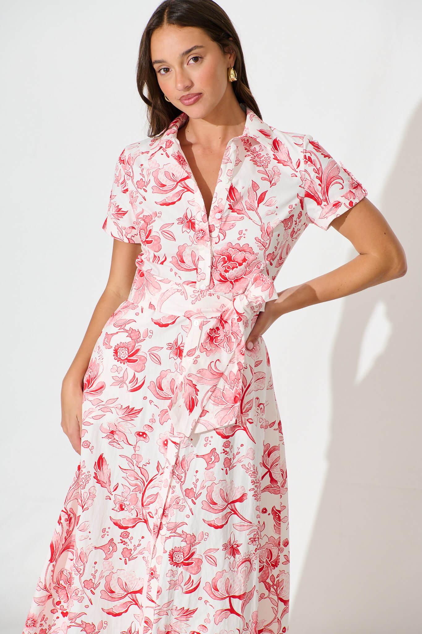 Delphi Midi Shirt Dress in White with Red Floral Cotton