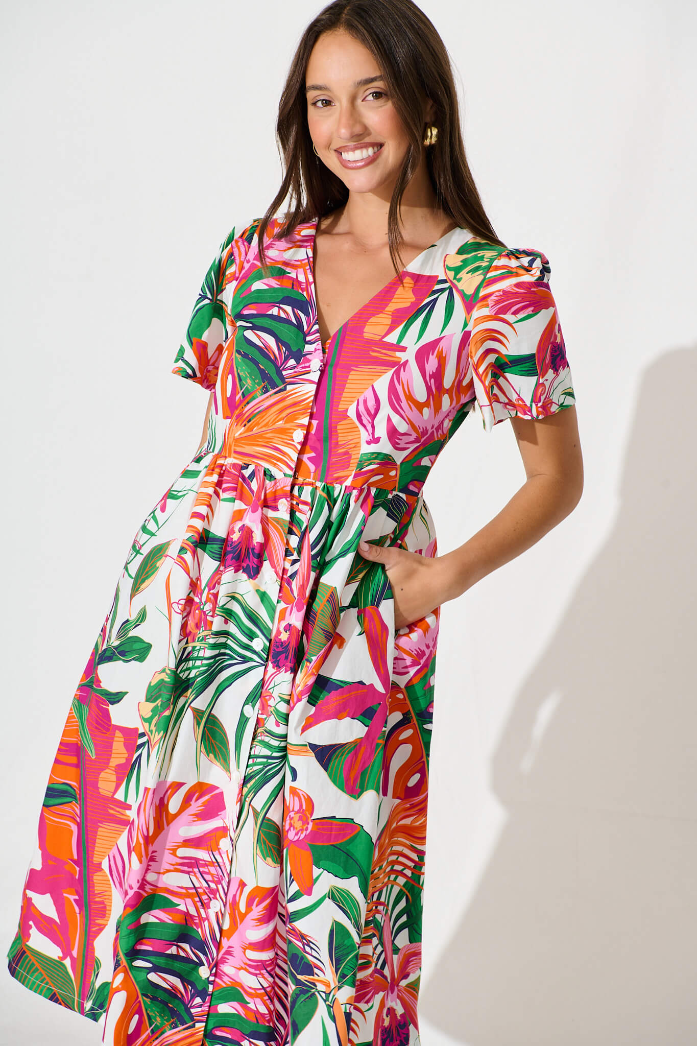 Riello Midi Smock Dress in White with Multi Tropical Cotton