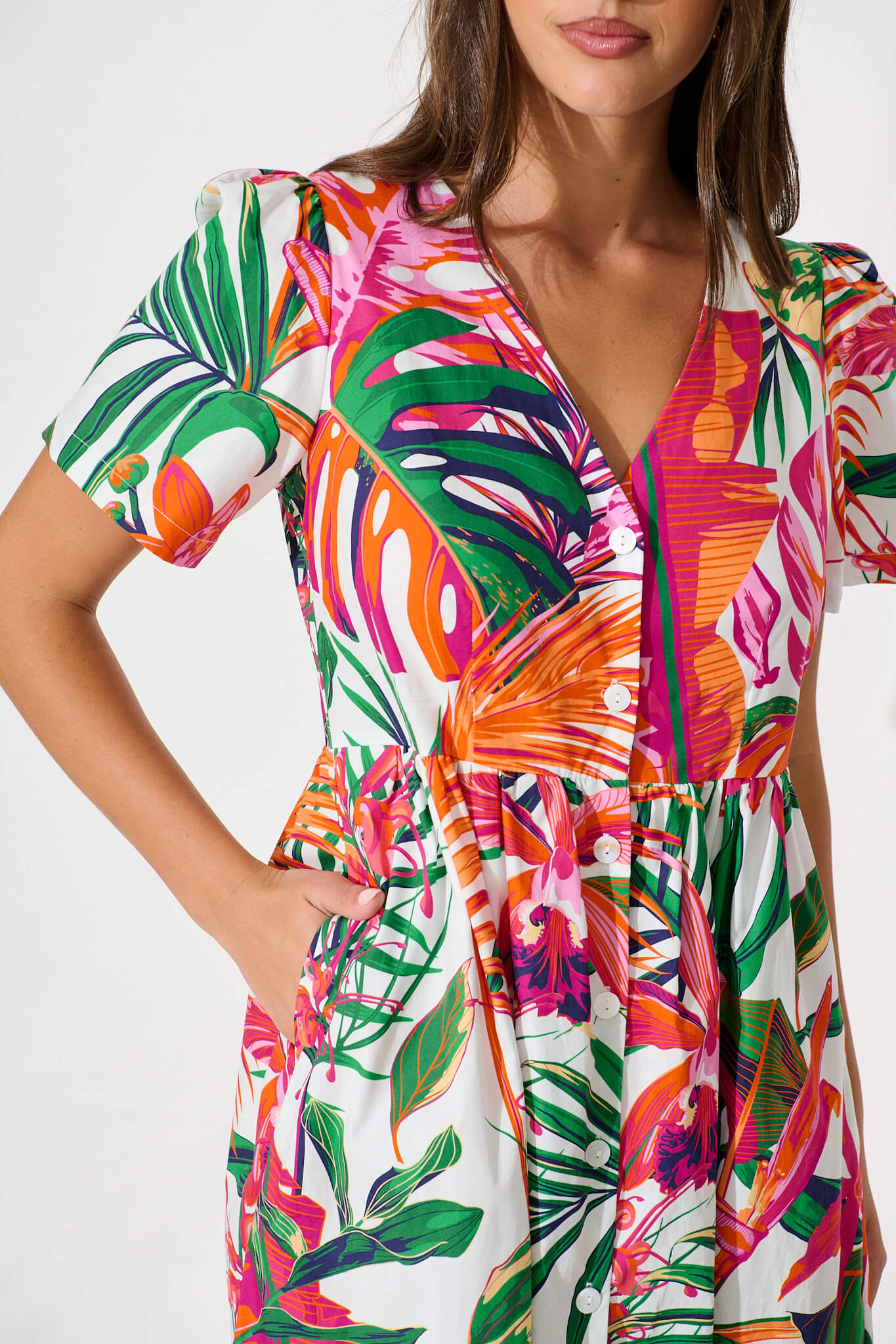 Riello Midi Smock Dress in White with Multi Tropical Cotton