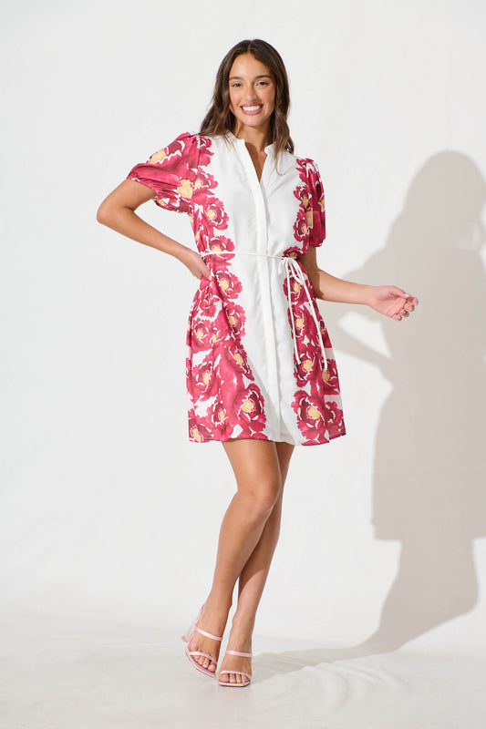 Eloria Dress in White with Red Border Floral