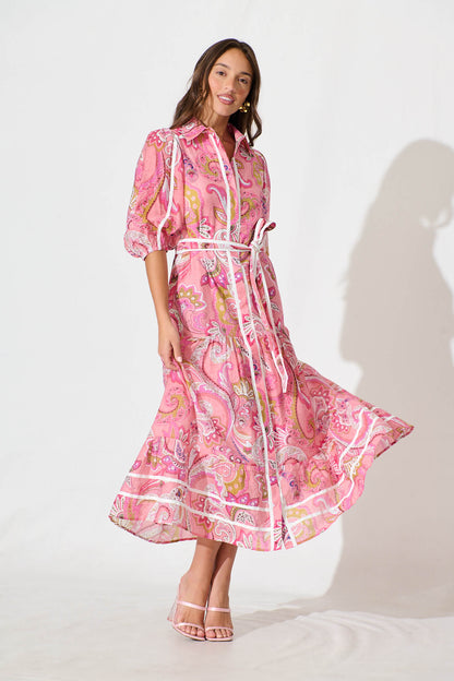 Dion Maxi Shirt Dress In Multi Pink Print