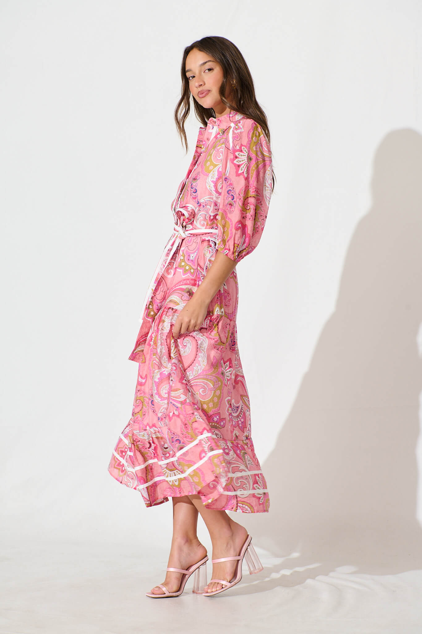 Dion Maxi Shirt Dress In Multi Pink Print