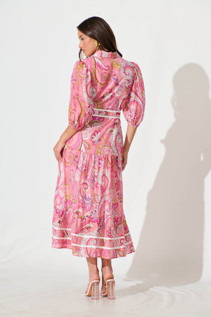 Dion Maxi Shirt Dress In Multi Pink Print