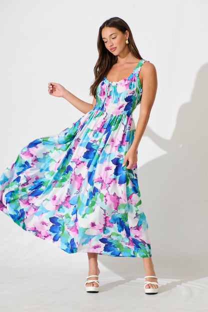 Valentina Maxi Sundress In White With Blue Multi Floral