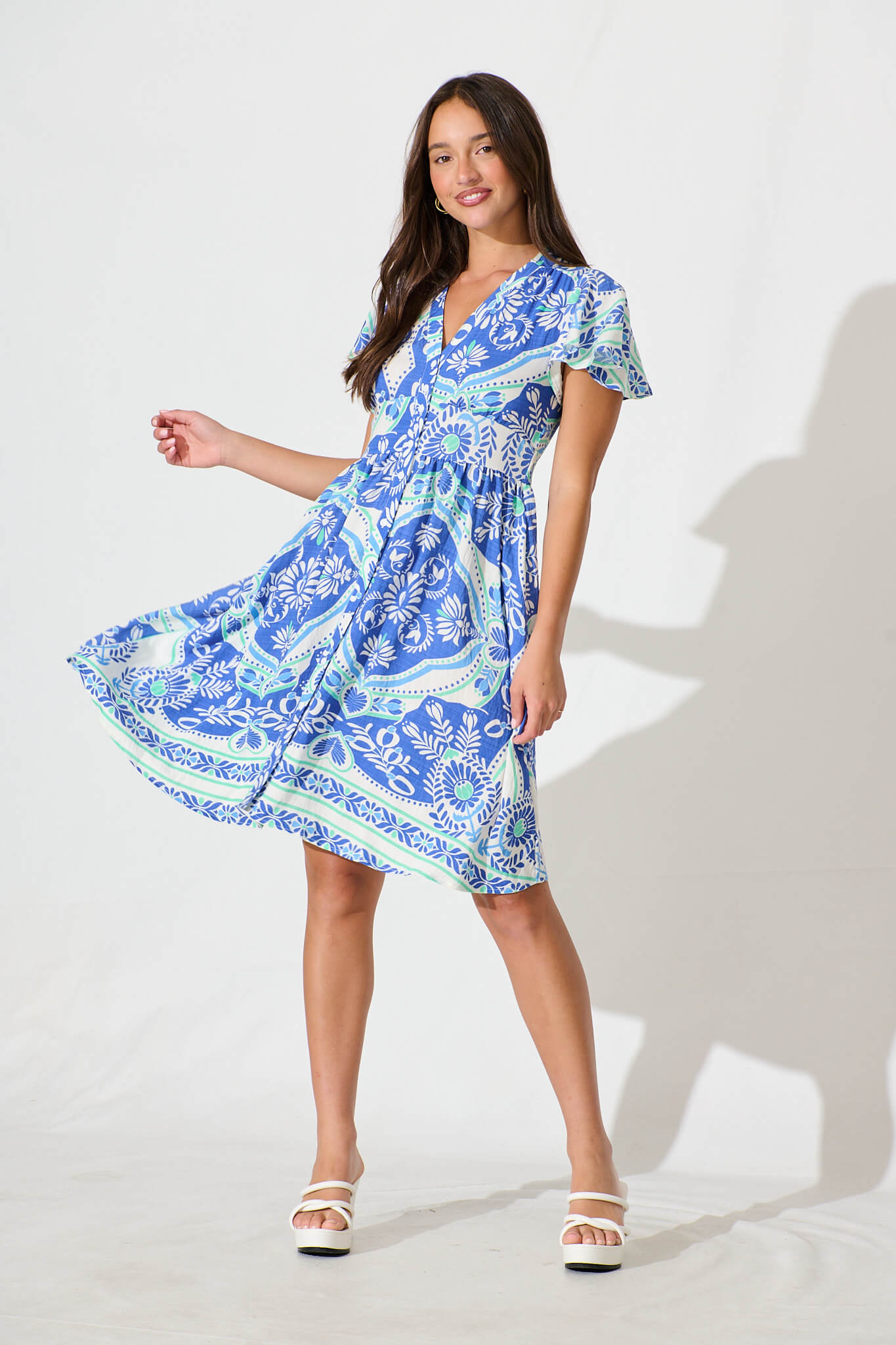 Deison Smock Dress in Blue and White Print