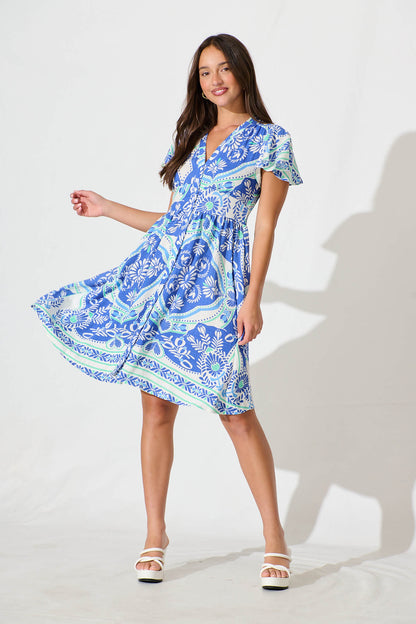 Deison Smock Dress in Blue and White Print