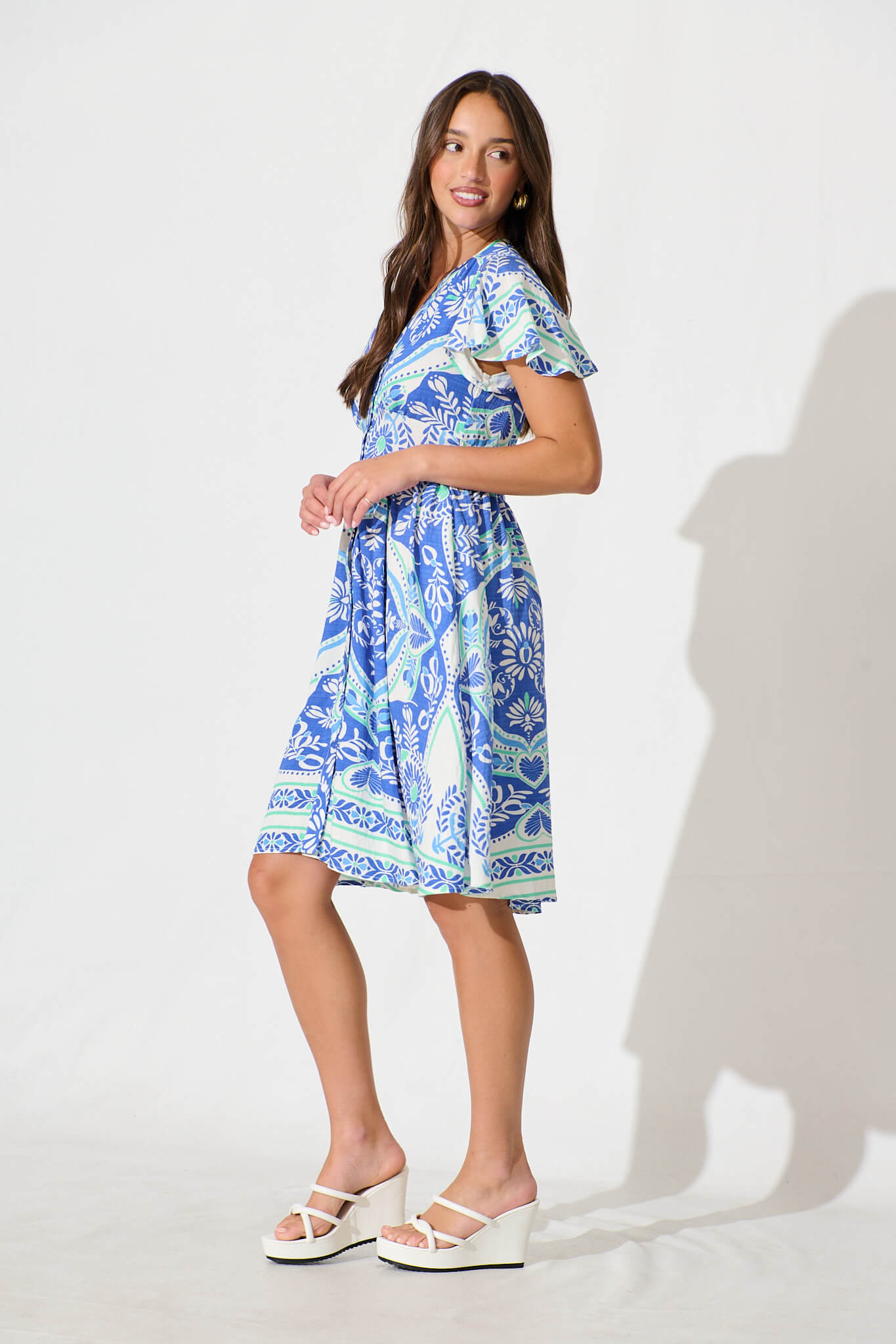 Deison Smock Dress in Blue and White Print