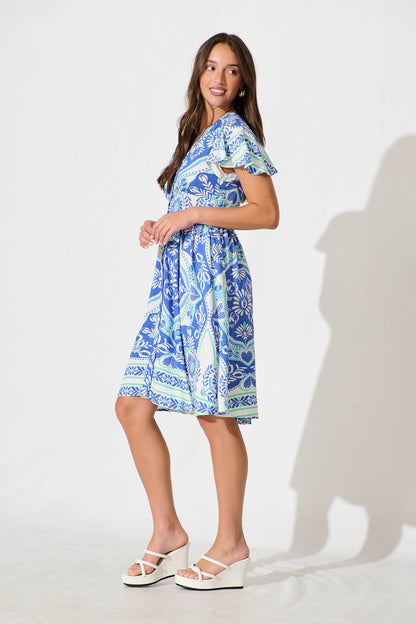 Deison Smock Dress in Blue and White Print