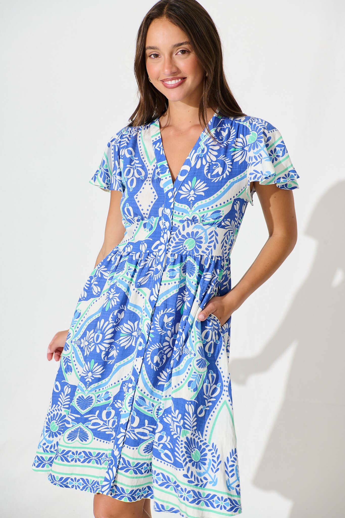 Deison Smock Dress in Blue and White Print