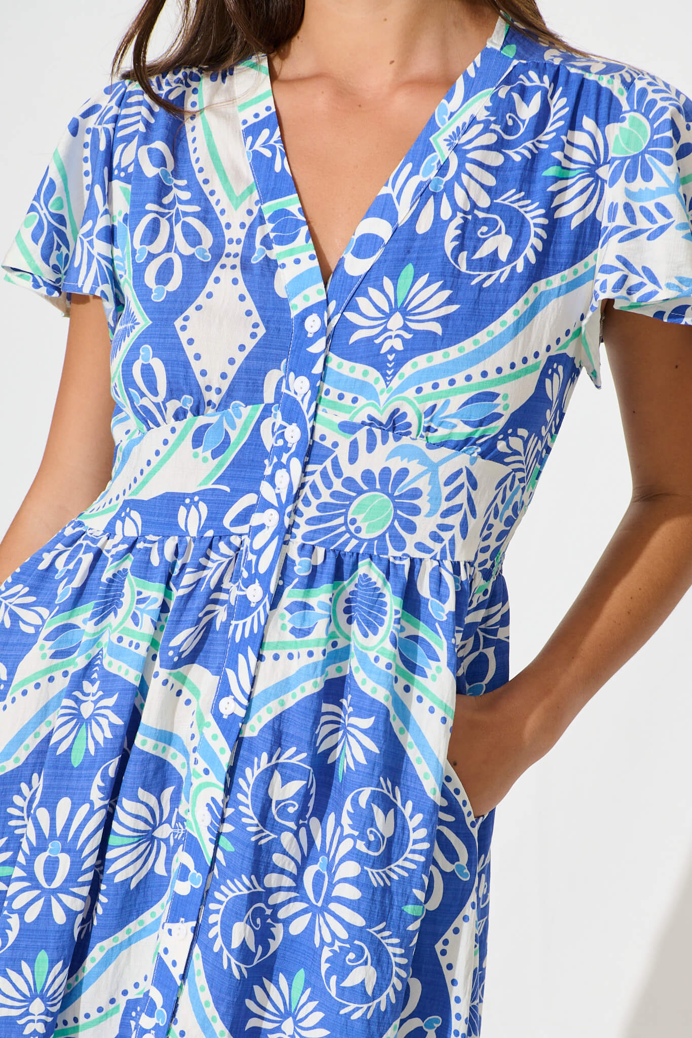 Deison Smock Dress in Blue and White Print