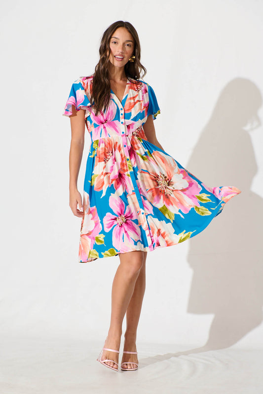 Deison Smock Dress in Blue with Pink Floral