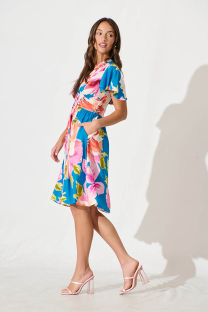 Deison Smock Dress in Blue with Pink Floral