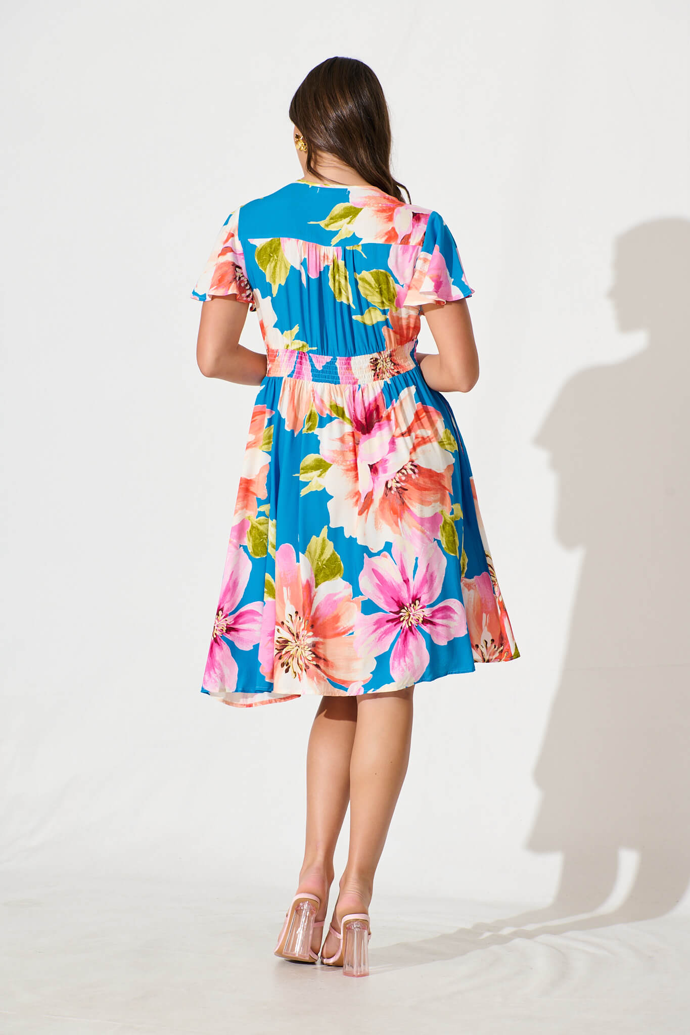 Deison Smock Dress in Blue with Pink Floral