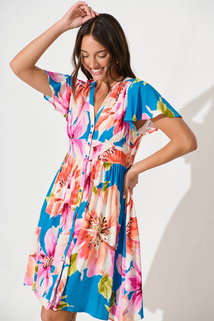 Deison Smock Dress in Blue with Pink Floral