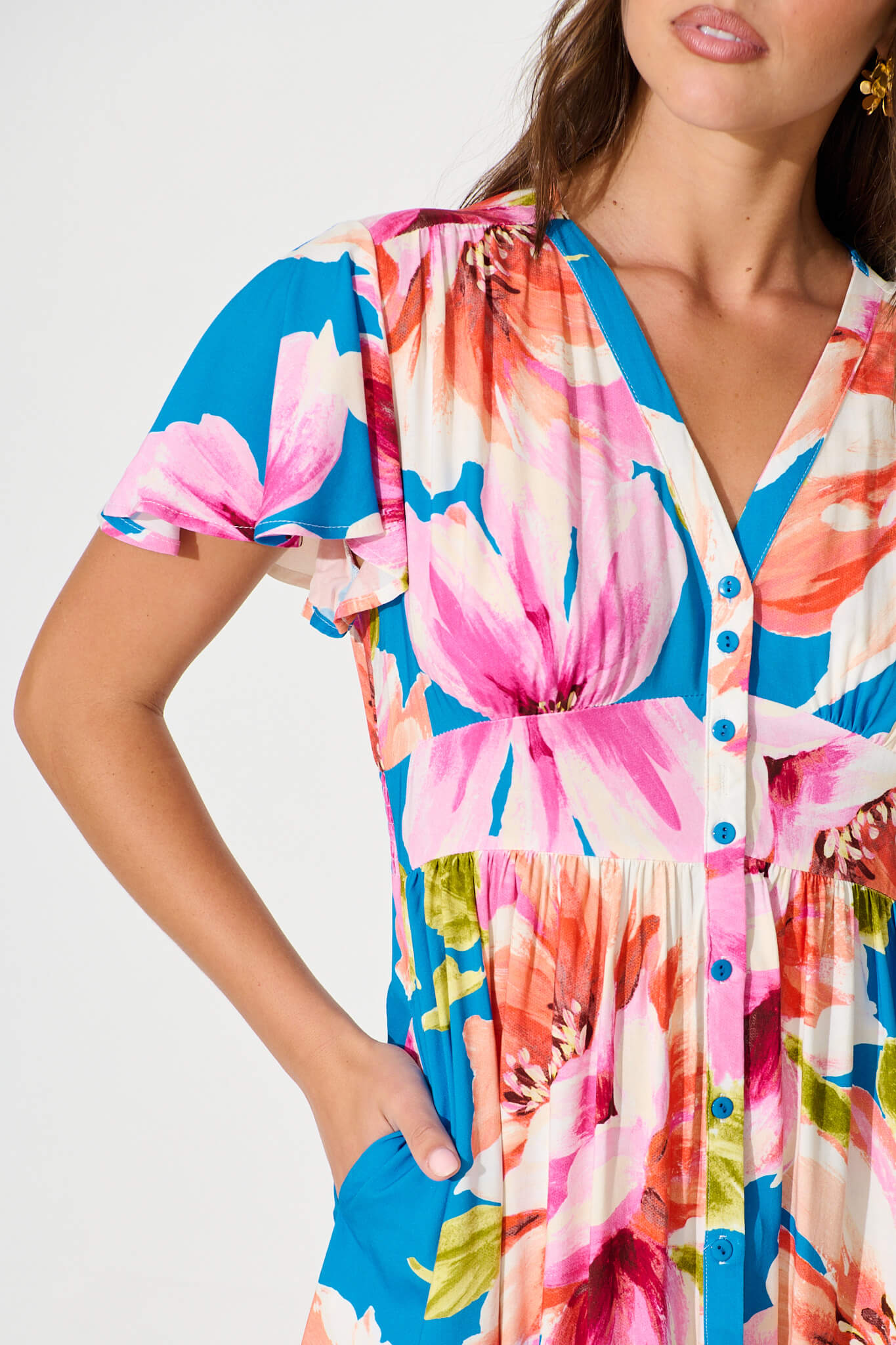 Deison Smock Dress in Blue with Pink Floral