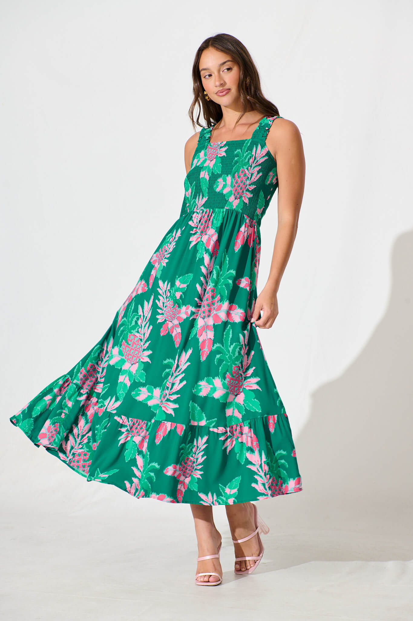 My Dream Midi Dress in Teal with Pink Floral