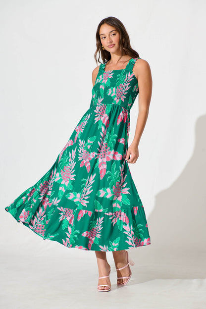 My Dream Midi Dress in Teal with Pink Floral