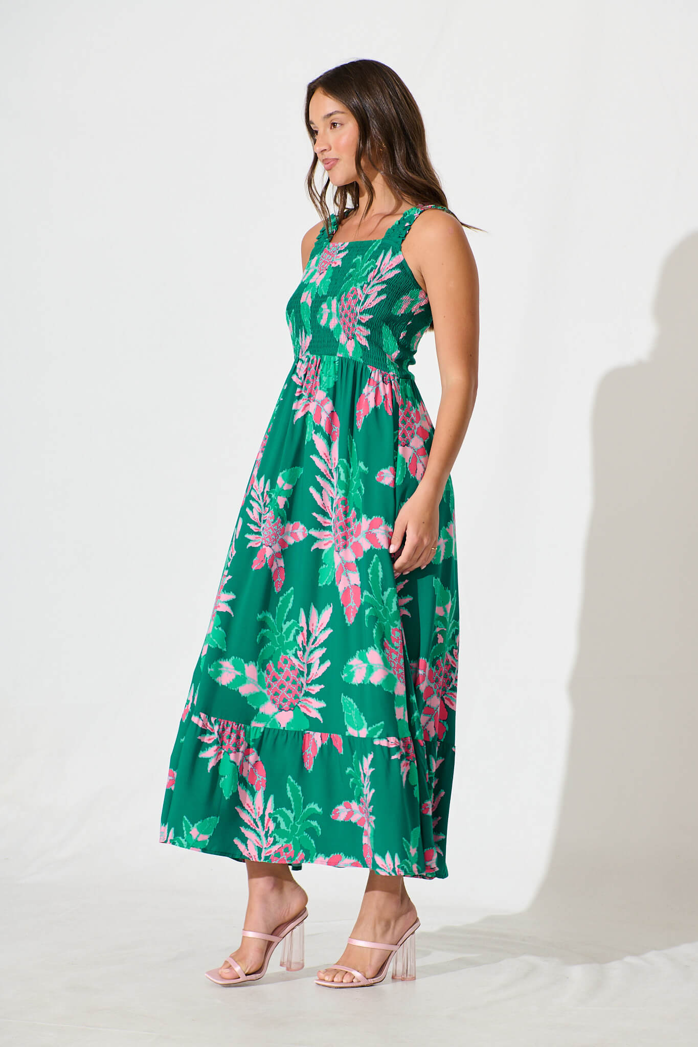 My Dream Midi Dress in Teal with Pink Floral
