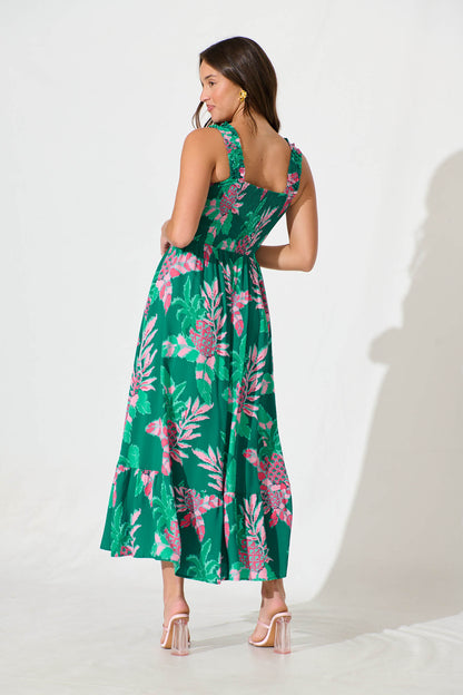 My Dream Midi Dress in Teal with Pink Floral