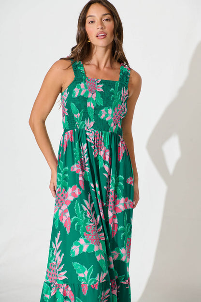 My Dream Midi Dress in Teal with Pink Floral
