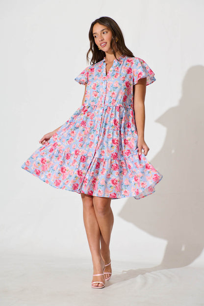 Sweet Pea Smock Dress in Pale Blue with Pink Floral Cotton