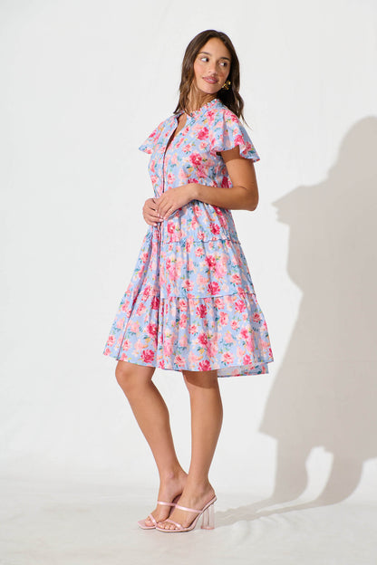 Sweet Pea Smock Dress in Pale Blue with Pink Floral Cotton