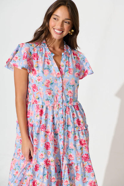 Sweet Pea Smock Dress in Pale Blue with Pink Floral Cotton