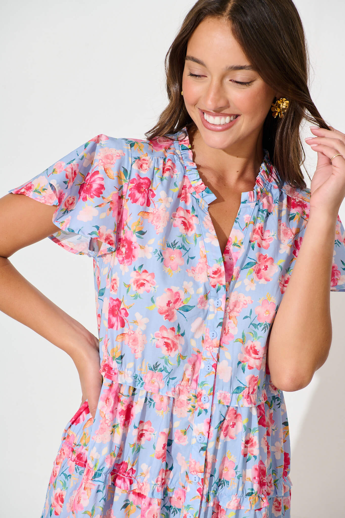 Sweet Pea Smock Dress in Pale Blue with Pink Floral Cotton