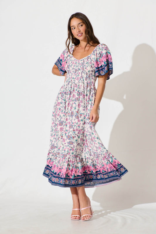 Carmella Maxi Dress in Pink and Blue Floral