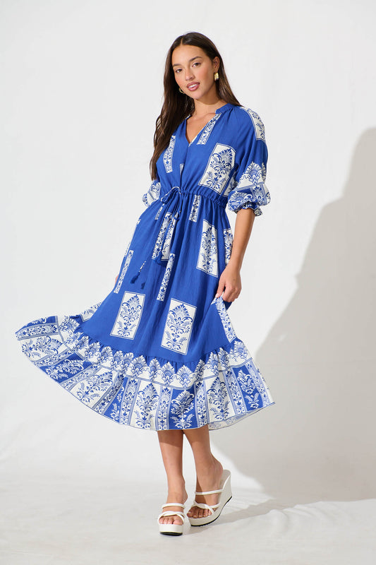 Lanai Midi Dress in Cobalt with White Print Cotton Blend