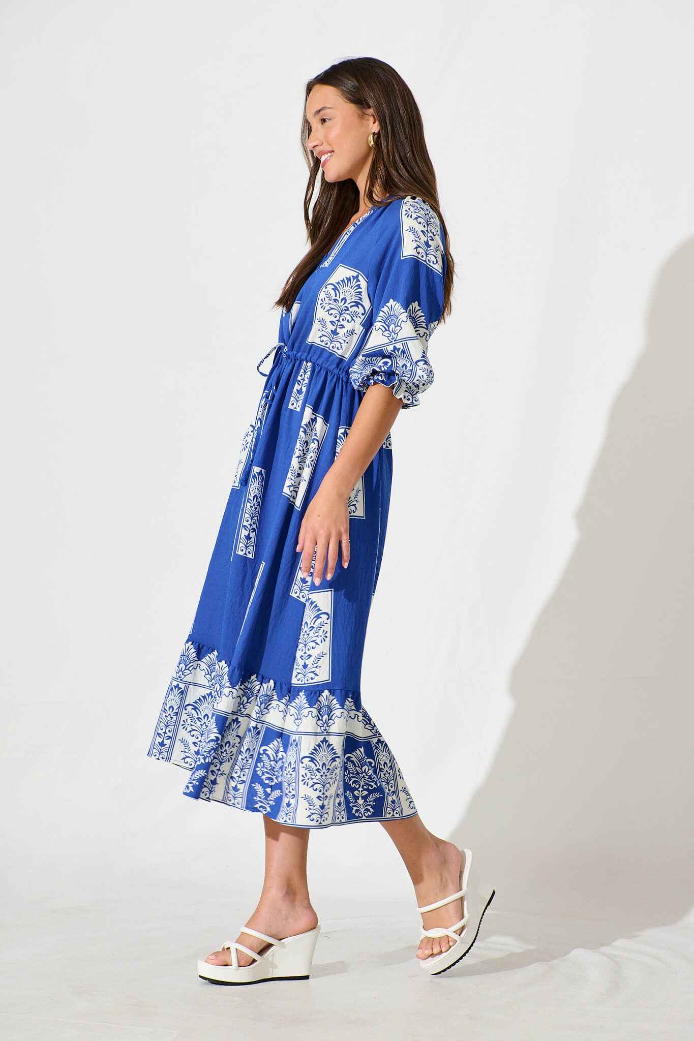 Lanai Midi Dress in Cobalt with White Print Cotton Blend