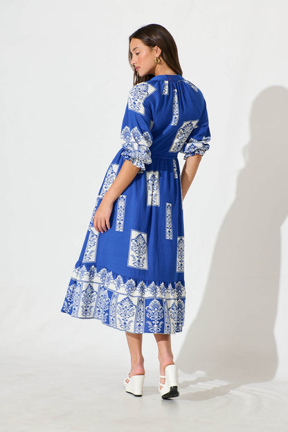Lanai Midi Dress in Cobalt with White Print Cotton Blend