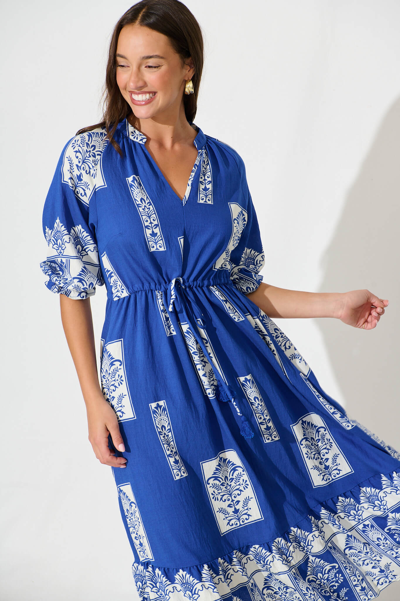 Lanai Midi Dress in Cobalt with White Print Cotton Blend