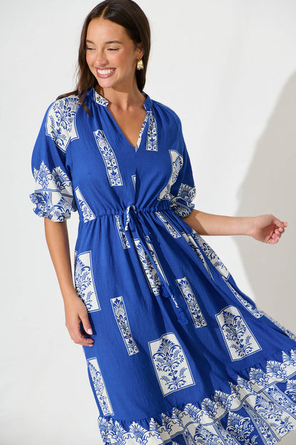 Lanai Midi Dress in Cobalt with White Print Cotton Blend