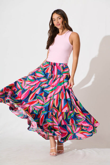 Venus Maxi Skirt In Navy With Multi Print