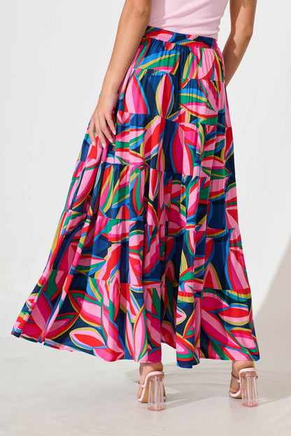 Venus Maxi Skirt In Navy With Multi Print